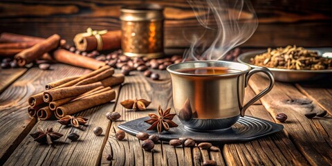 Aromatic Steam Rising from a Metal Cup of Warm Beverage Surrounded by Cinnamon Sticks, Star Anise, and Coffee Beans on a Rustic Wooden Table