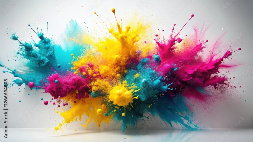 Poster a vibrant explosion of cyan, magenta, and yellow powder, creating a dynamic and colorful spectacle a
