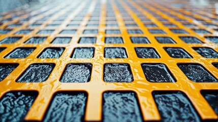 Obraz premium A close-up view of a wet, textured surface with a grid pattern, featuring orange and black colors.