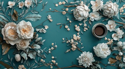 Obraz premium Serene Teal Floral Arrangement with Coffee