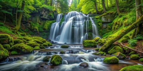 A majestic cascading waterfall tumbles over moss-covered rocks in a pristine forest setting, surrounded by towering trees and vibrant greenery , tall trees, cascading waterfall