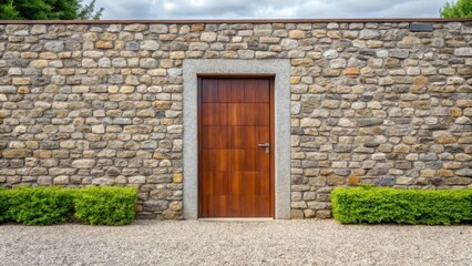 Fond de mur en pierre avec gravier devant la porte, stone wall, front yard