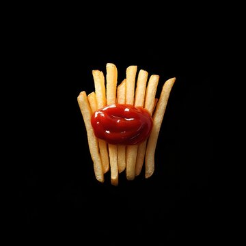 frenchfries with kitchup, topview on dark background. food photography for ads
