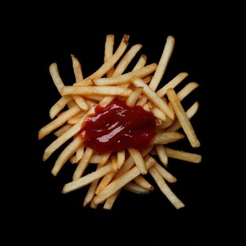 frenchfries with kitchup, topview on dark background. food photography for ads