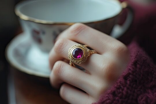 Close - up of a hand wearing an Edwardian - era ruby ring while holding a vintage teacup
