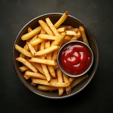 frenchfries with kitchup, topview on dark background. food photography for ads