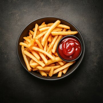 frenchfries with kitchup, topview on dark background. food photography for ads