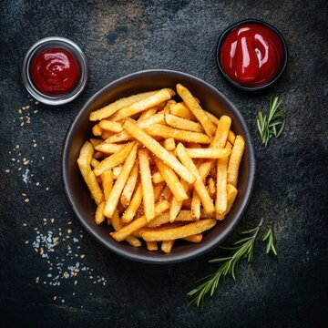 frenchfries with kitchup, topview on dark background. food photography for ads