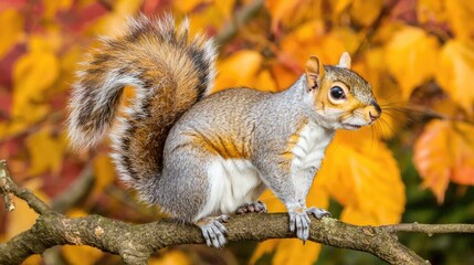 A lively squirrel perched on a branch amidst vibrant autumn leaves, showcasing nature's beauty and wildlife charm.