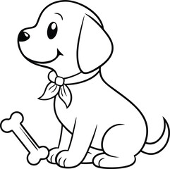 Adorable Cartoon Puppy, Sitting, Bone, Outline, Drawing, Pet, Dog, Cute, Happy, Coloring