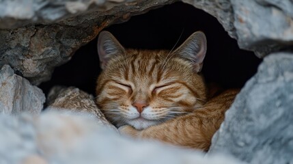A serene desert cat peacefully resting inside a rocky cave, embodying the beauty of wildlife and tranquility in nature.