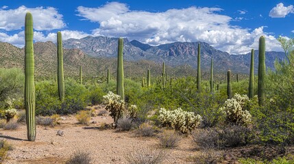 Obraz premium Majestic Desert Landscape with Giant Cacti and Mountain Range