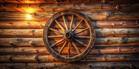 Obraz premium Rustic wooden wagon wheel mounted on a sunlit log cabin wall, evoking a sense of history and western heritage.
