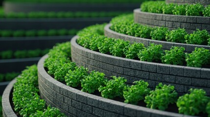 Fototapeta premium A vibrant, tiered garden design featuring lush green plants arranged in circular stone terraces.