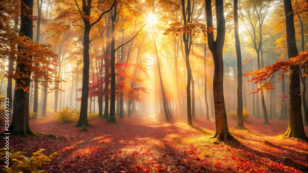Poster golden sunlight illuminates a misty autumn forest path, creating a magical and serene atmosphere