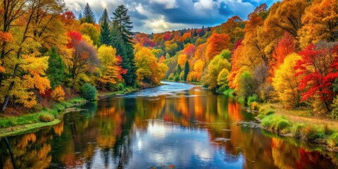 Fototapeta premium A picturesque autumnal forest with a winding river that flows gently through the heart of the woods, surrounded by vibrant colors and lush greenery, scenic riverbank, colorful leaves