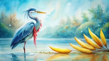 Fototapeta premium Serene Watercolor Painting of a Majestic Heron in a Tranquil Lakeside Setting with Vibrant Aquatic Plants