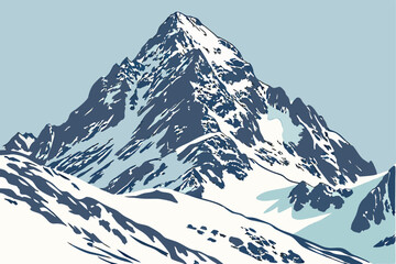   A photograph of a majestic mountain peak, taken from a low angle, with a clear, bright sky in the background. The peak is covered in snow and has jagged, rocky outcrops. The lighting is soft and na