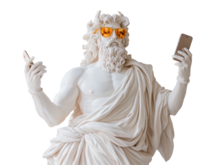 Isolated Statue of Greek God Taking Selfie with Gold Sunglasses