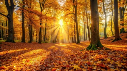 Golden hues of autumn sunlight filter through the trees as leaves blanket the forest floor with a soft, warm carpet of golden color , autumn foliage, nature scene