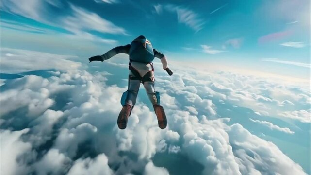Parachutist with parachute makes heavenly adventure against on nature landscape, abstract vivid composition consists of fictional unreal fantastic vision on background