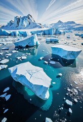 Towering icebergs floating near rugged mountain peaks