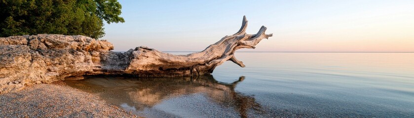 Tranquil Shoreline Scene with Weathered Driftwood and Calm Water at Sunset