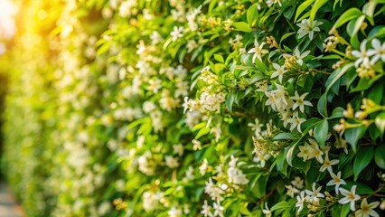 Fototapeta premium Wall of jasmine plants in full spring bloom with very green and shiny leaves on a sunny day, plant decor, blooming garden