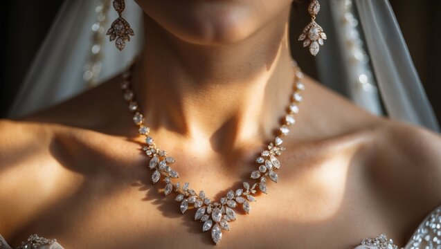 Close up of the bride s necklace and earrings.