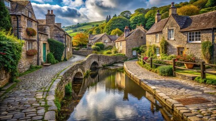 Fototapeta premium Old cobblestone road winding through a picturesque village with steep stone walls and ancient wooden bridges, reflecting calm serene water in the distance, rural landscapes , wooden bridges
