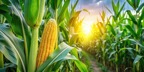 Vibrant green ear of corn on cob in a lush cultivated cornfield with tall golden stalks and soft morning light filtering through the rows of green maize plants, green corn, cornfield