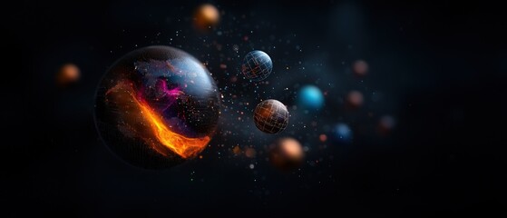 Naklejka premium Cosmic orbs in space; fiery planet; nebulae in motion; digital art