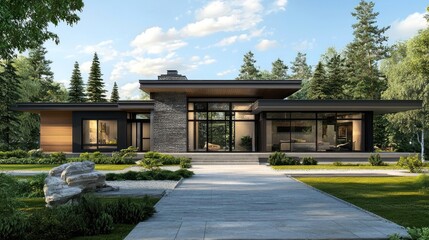 Obraz premium Modern Contemporary House Design: Luxurious Ranch Home with Expansive Windows