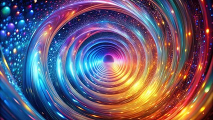 Spiral tunnel in swirling colors leads to a shimmering portal, portal gateway, time travel vortex abstract tunnel portal