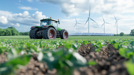 Farm tractor stands in a field with wind turbines and solar panels symbolizing sustainable farming and renewable energy.