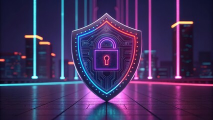 Futuristic Cybersecurity Shield with Glowing Lock Symbol, Representing Data Protection, Privacy, and Online Security in a High-Tech World