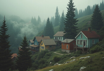 Misty Mountain Cabins in a Foggy Pine Forest – Cozy Wooden Homes in Tranquil Wilderness