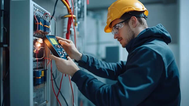 Young worker checking installation of solar panels - Powered by Adobe