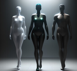 Obraz premium Abstract surrealistic illustration of glass statue several people standing in pose.Concept project.mindfulness and meditation.Futuristic. cyberpunk.innovation different types of poses.generative ai