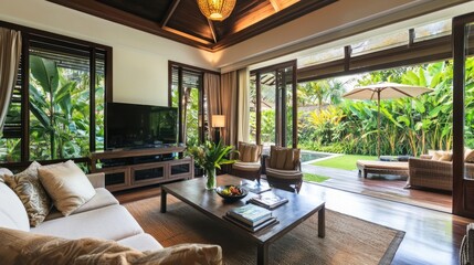 Fototapeta premium Luxury Tropical Villa Living Room with Garden View