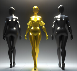 Obraz premium Abstract surrealistic illustration of glass statue several people standing in pose.Concept project.mindfulness and meditation.Futuristic. cyberpunk.innovation different types of poses.generative ai