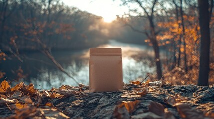 Blank brown bag on log by autumn river at sunset, mockup
