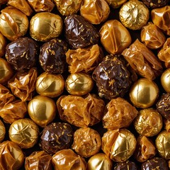 A variety of caramel and toffee candies wrapped in golden foil.