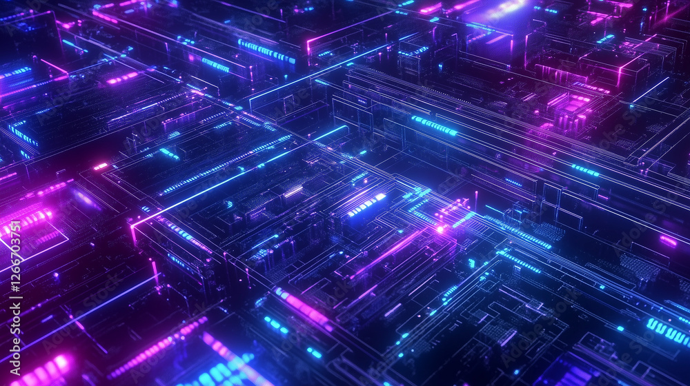 Leinwandbilder 3d render of a neon-glowing circuit board with blue and purple hues, showcasing advanced connectivit