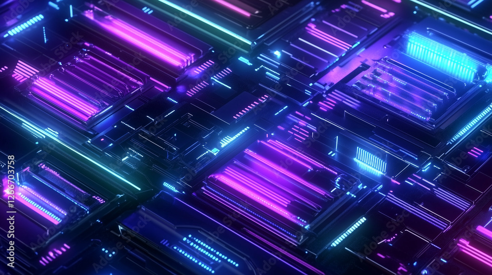Poster 3d render of a neon-glowing circuit board with blue and purple hues, showcasing advanced connectivit