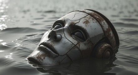 Weathered Robot Head by Calm Ocean Water