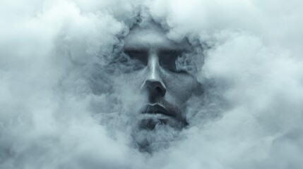 Abstract Male Face with Geometric Texture Enshrouded in Ethereal White Clouds