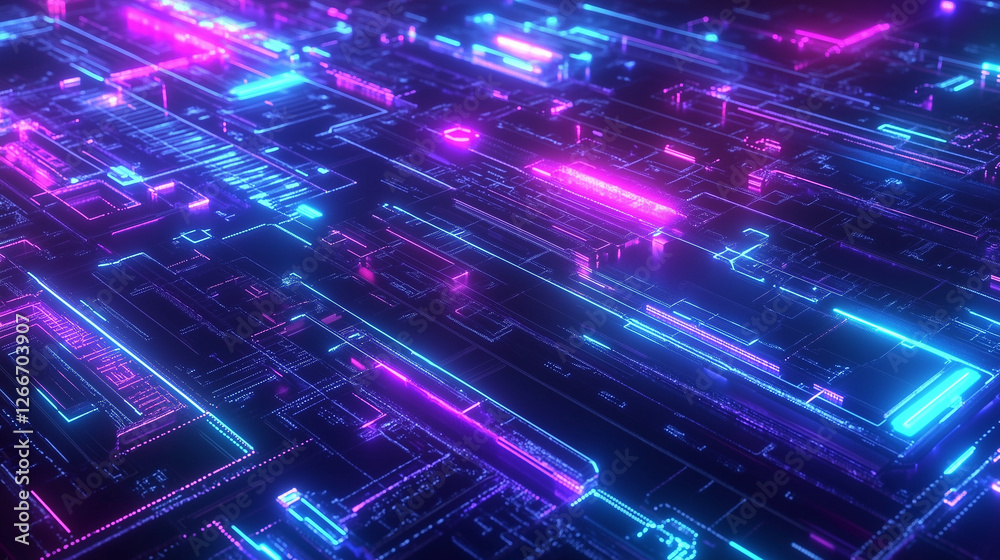 Poster 3d render of a neon-glowing circuit board with blue and purple hues, showcasing advanced connectivit