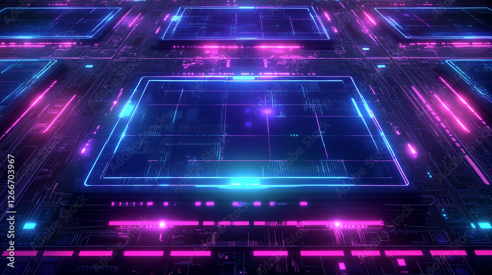 Leinwandbilder 3d render of a neon-glowing circuit board with blue and purple hues, showcasing advanced connectivit