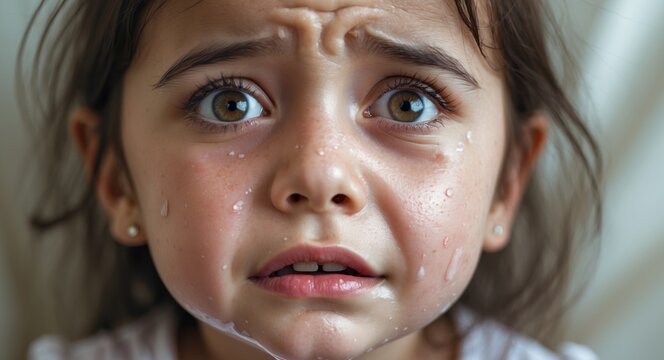 A little girl crying with tears streaming down her face